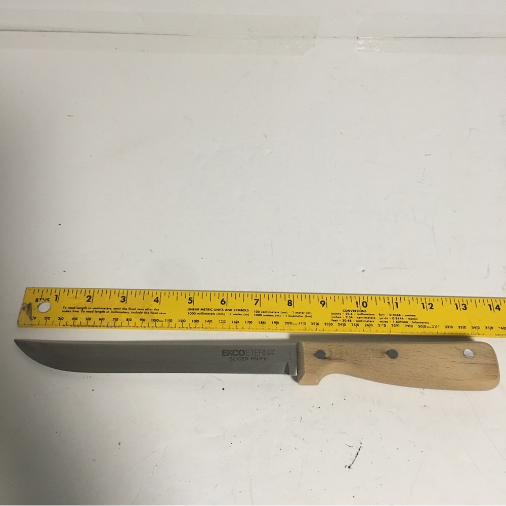 VTG EKCO ETERNA WOOD SLICER KNIFE STAINLESS WOOD HANDLE 8” BLADE